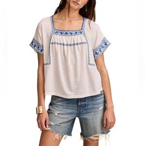 LUCKY BRAND White Top with Blue Embroidery Size XL